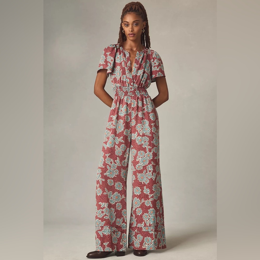 Anthropologie The Somerset Wide Leg Short Sleeve Printed Jumpsuit XS S 0 2 4